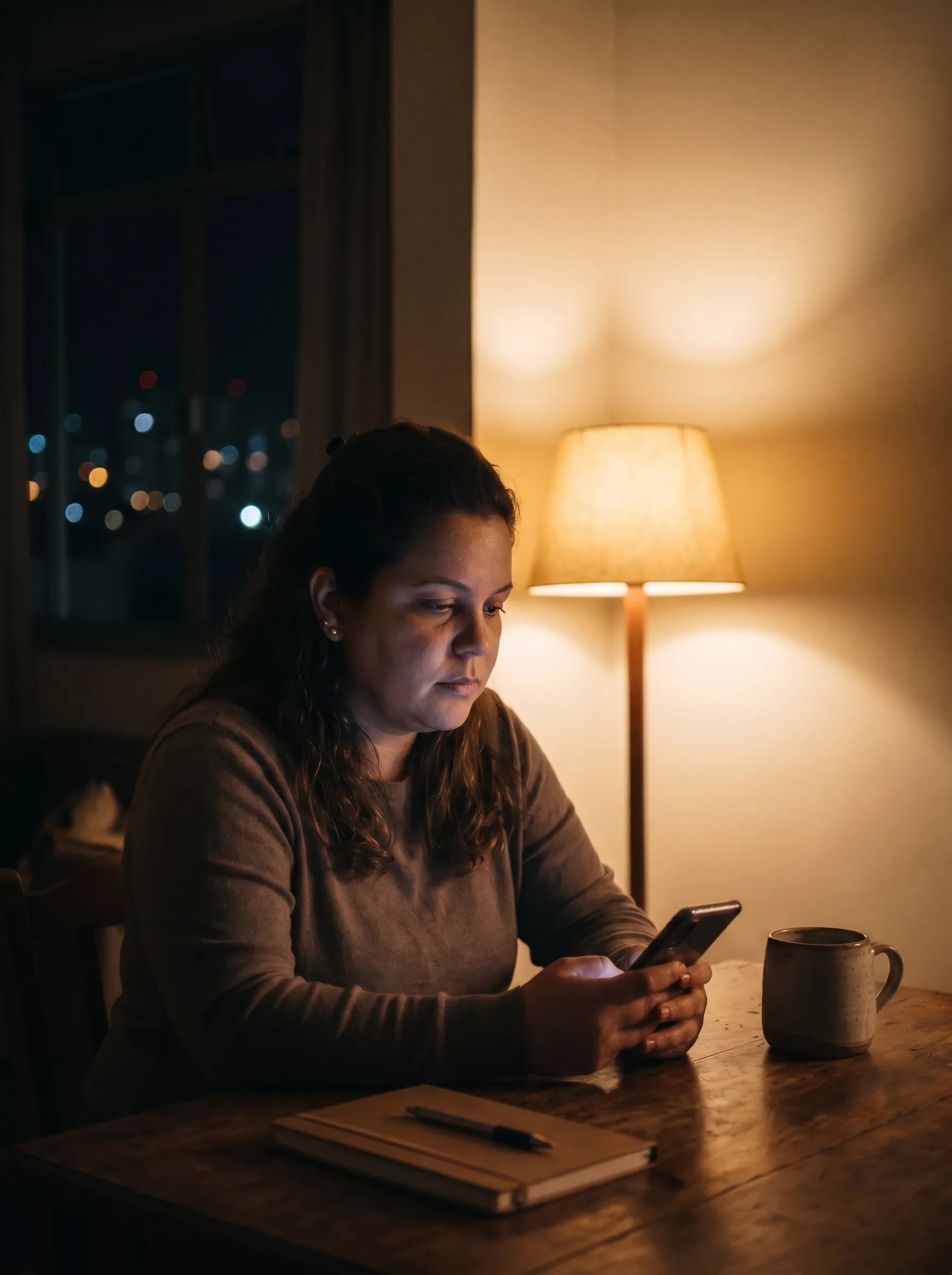 Mulher brasileira sozinha à noite, olhando o celular