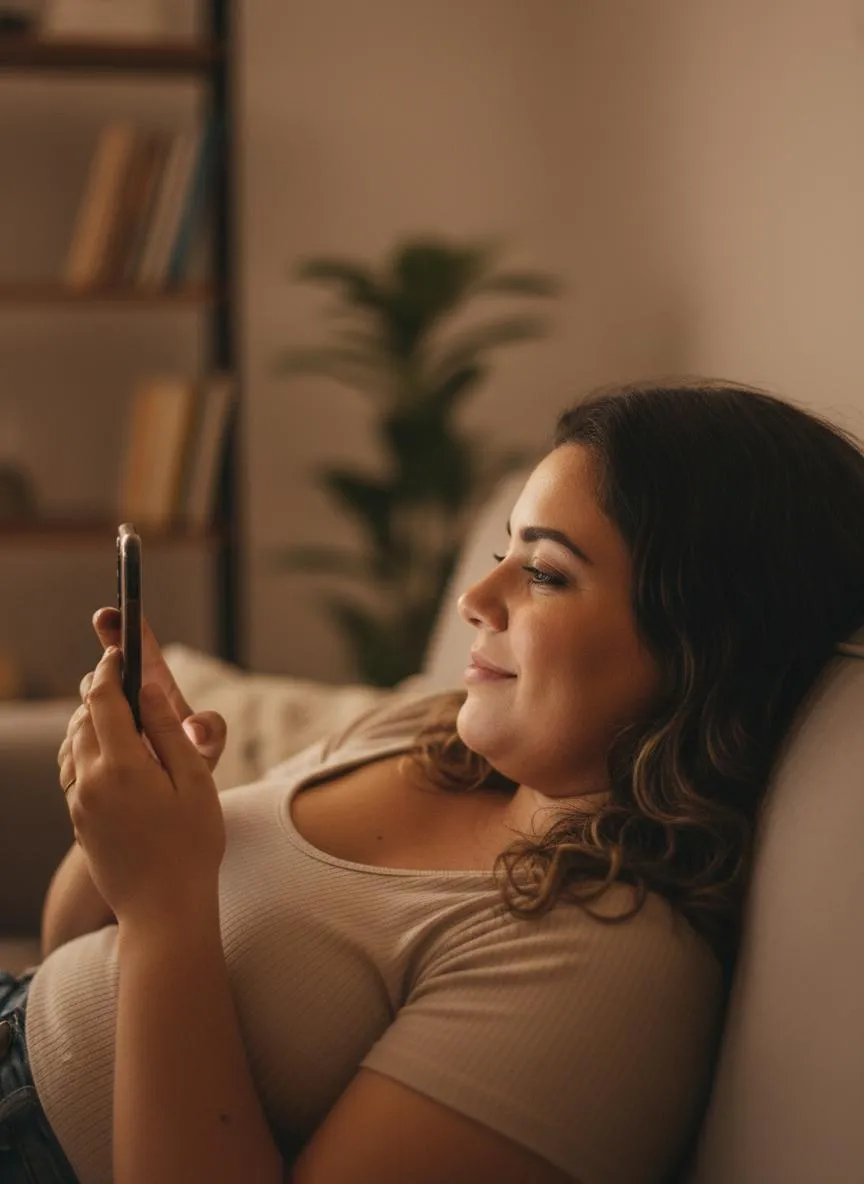 Mulher relaxada no sofá com celular