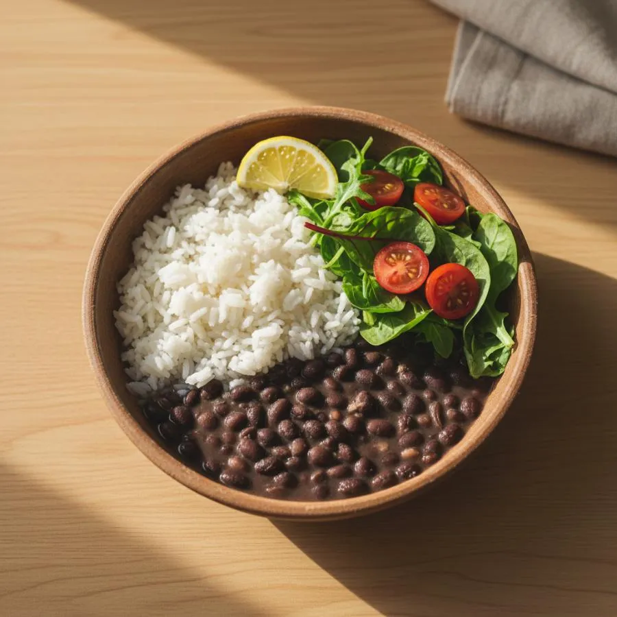 Prato de almoço brasileiro com arroz, feijão e salada